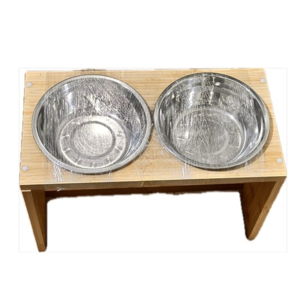 Stainless Steel Double Dog Bowl with High Wooden Stand